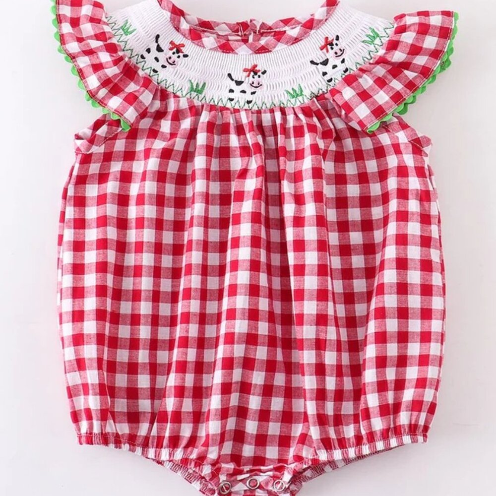 Leopardbaby Boutique Red Gingham smocked cow bubble (12-18M)